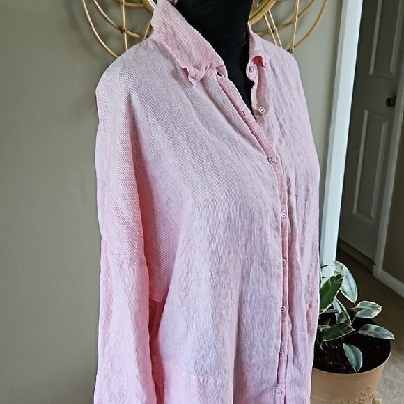 Chico's Striped Linen 3/4 Sleeve‎ Button Down with Button Up Cuffs Sz 2 - Picture 3 of 16